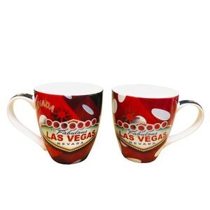Set Of 2 LasVegas Red Ceramic Graphic Las Vegas Oversize Coffee Cup Mugs